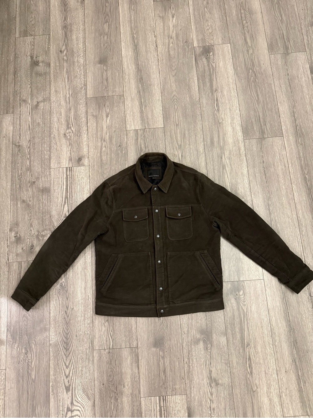 Banana Republic Brown Olive FauxSuede Emmetex Italian Fabric Bomber Large Jacket